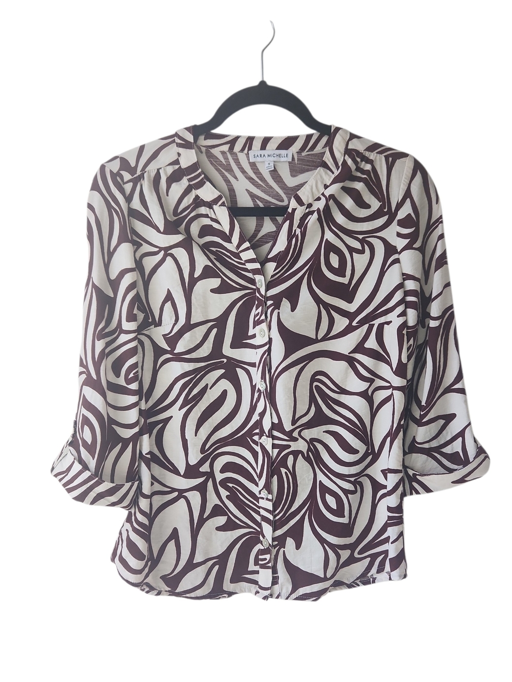 Sara Michelle Chocolate Brown Abstract Swirl Retro  Button-Front Blouse Size S